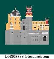 viagem, marco, portugal, elements., apartamento, arquitetura, e, predios, ícones, sintra, castelo, palácio pena, nacional, português, símbolo. viagem, marco, portugal, elements., apartamento, arquitetura, e, predios, ícones, sintra, castelo, palácio pena, nacional, português, símbolo.