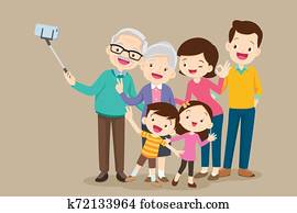 anciano, elaboración, selfie, foto, con, familia