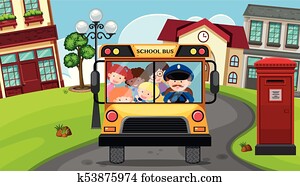 Children riding on schoolbus in neighborhood Children riding on schoolbus in neighborhood