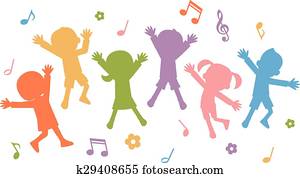 enfants, silhouettes, sauter