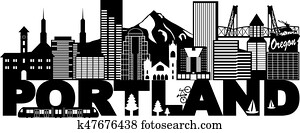 Portland Oregon Skyline and Text Black and White Illustration Portland Oregon Skyline and Text Black and White Illustration