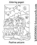 söt, enhörning, fira, a, födelsedag, kolorit, vektor