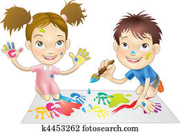 שני, ילדים צעירים, לשחק, עם, צבעים