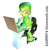 3d cute green robot character using laptop pc
