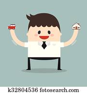 Businessman holding car and house model on his hands, flat design, vector, dream concept Businessman holding car and house model on his hands, flat design, vector, dream concept