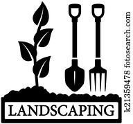 landscaping icon with sprout and gardening tools landscaping icon with sprout and gardening tools