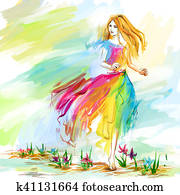 Watercolor spring running girl at light chiffon dress Watercolor spring running girl at light chiffon dress