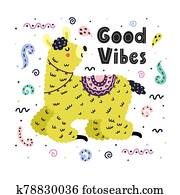 טוב, וויברציות, כרטיס, עם, a, חמוד, llama., יצירתי, רקע