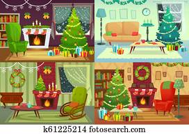 Christmas room interior. Xmas home decoration, Santa gifts under traditional tree and winter holiday house interior vector illustration Christmas room interior. Xmas home decoration, Santa gifts under traditional tree and winter holiday house interior vector illustration