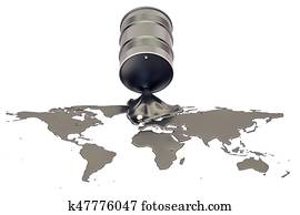 Oil production concept. Crude oil spilled in the shape of Earth map, 3D rendering Oil production concept. Crude oil spilled in the shape of Earth map, 3D rendering