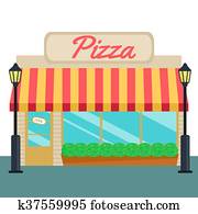 Pizza shops and store front flat style. Vector illustration Pizza shops and store front flat style. Vector illustration