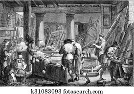 Workshop of Mr Jadot, carpenter, in Paris, vintage engraving. Workshop of Mr Jadot, carpenter, in Paris, vintage engraving.