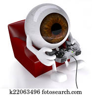 eyeball on armchair with arms, legs and game controller