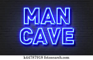 homem, caverna, sinal néon, ligado, parede tijolo, experiência.