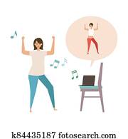 Online fitness concept. Work out via monitor, laptop, tablet. Vector illustration of a woman dancing zumba in her home. Online fitness concept. Work out via monitor, laptop, tablet. Vector illustration of a woman dancing zumba in her home.