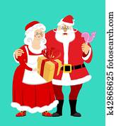 Santa and Mrs. Claus isolated. Christmas family. Woman in red dress and white apron. Cheerful elderly. New Year menage. Gift and Rooster Lollipop Santa and Mrs. Claus isolated. Christmas family. Woman in red dress and white apron. Cheerful elderly. New Year menage. Gift and Rooster Lollipop