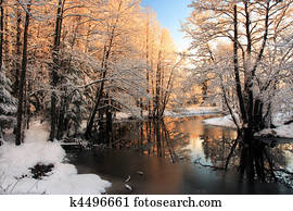 Winter river sunrise light