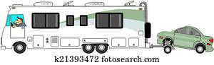 Motorhome towing a car on a dolly Motorhome towing a car on a dolly