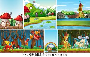 Six different scene of fantasy world with fantasy places and fantasy characters such as dragon Six different scene of fantasy world with fantasy places and fantasy characters such as dragon