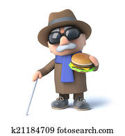 3d Blind man eats a burger