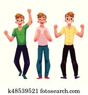 Men, boys, guys, friends rejoicing, cheering, clenching fists in excitement