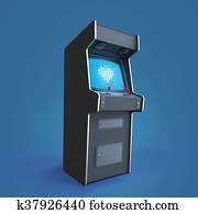 vintage arcade game machine cabinet with pixel heart icon colorful controllers and screen isolated.