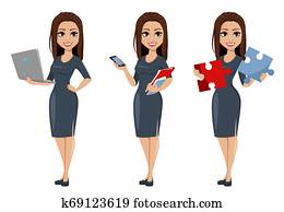 modern, fiatal, ügy woman, alatt, szürke, ruha