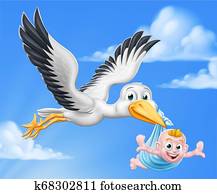 storch, karikatur, schwangerschaft, mythos, vogel, mit, baby- junge storch, karikatur, schwangerschaft, mythos, vogel, mit, baby- junge