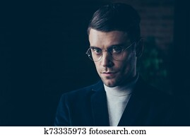 Close-up portrait of his he nice attractive handsome stylish trendy serious candid guy top management career growth financier economist at industrial loft interior workplace workspace
