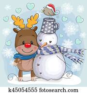 cute, natal, veado, e, boneco neve