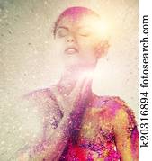 fragilidade, de, um, human, criatura, conceitual, arte corpo, ligado, um, mulher