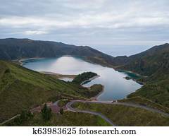 Aerial view of Lagoa do Fogo, a volcanic lake in Sao Miguel, Azores Islands