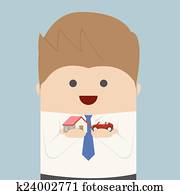 Businessman holding car and house m Businessman holding car and house m