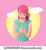 junge frau, kommunizieren, mit, beweglich, telefon., vektor, abbildung, mit, vortrag halten, bubbles. junge frau, kommunizieren, mit, beweglich, telefon., vektor, abbildung, mit, vortrag halten, bubbles.