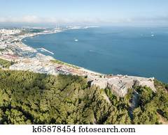 Aerial view of Setubal with fortress in the forest, Portugal