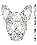 buldogue, cabeça, tinja livro, vetorial, para, adultos