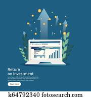 SEO data analytic, spreadsheet on screen. business finance analysis audit with graphs charts. Return on investment ROI concept. increase profit stretching rising up. flat style vector illustration