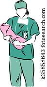 woman doctor with baby newborn illu woman doctor with baby newborn illu
