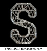 מכני, אלפבית, עשה, מ, מסמרת, מתכת, עם, הילוכים, ב, שחור, רקע., מכתב, s., 3d