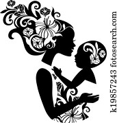Beautiful mother silhouette with baby in a sling. Floral illustration Beautiful mother silhouette with baby in a sling. Floral illustration