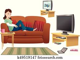 Girl watching TV on sofa.eps