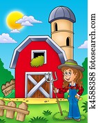 Big red barn with farmer girl Big red barn with farmer girl