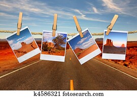 Conceptual Montage Representing Vacation Travel With Polaroid Photos of Moument Valley Desert Hanging on a Rope 