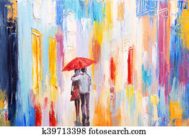 couple is walking in the rain under an umbrella, abstract colorful oil painting couple is walking in the rain under an umbrella, abstract colorful oil painting