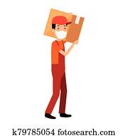 delivery worker using face mask with box carton