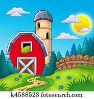Meadow with big red barn Meadow with big red barn