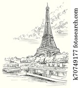 vektor, hand, zeichnung, paris, 3 vektor, hand, zeichnung, paris, 3