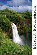 Waterfall in Kauai Hawaii With Rainbow