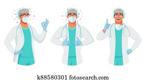 רופא, ב, mask,, כובע, ו, כפפות, מראה, ok,, בהונות, up,, אצבע, נקודות, ., הגנה, מ, coronavirus., וקטור, set.