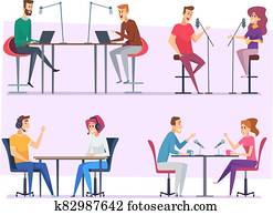 שדר, characters., רדיו מראה, אנשים, אולפן, לעשות, השמע, ו, מוסיקה, מיקרופון, וקטור, דוגמה, קבע